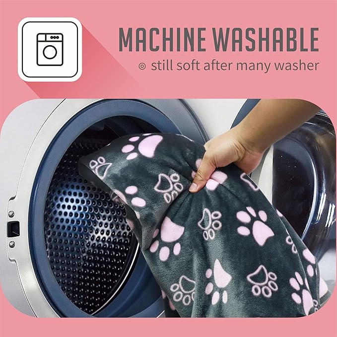 Flannel Dog Blankets for Large Dogs - Washable Pet Blanket, Soft Crate Bed Mat with Paw Pattern for Kennel/Couch, Grey & Pink 80x60 Inch