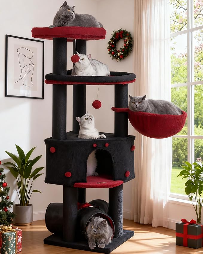 Cat Tree Tower for Indoor Cats Large Adult - Heavy Duty Extra Wide Scratching Post (φ4.4in) Maine Coon Condo House with Hammock Tunnel - 60 Inch XL Feline Bed Trees - Big Multi Level Cat Houses Stand