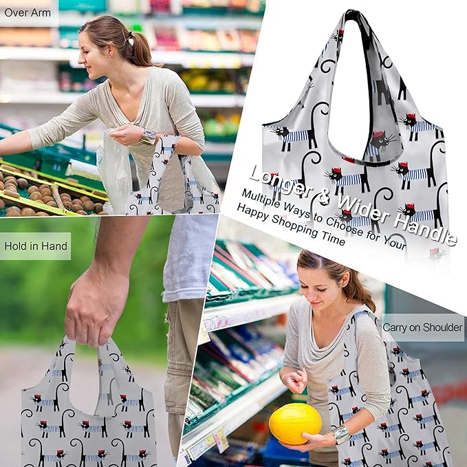 BeeGreen Gifts for Cat Lovers 6 Pack Cats Reusable Grocery Bags with Elastic Band Reusable Shopping Bags Bulk 50LBS X-Large Foldable-Machine Washable-Heavy Duty Kitten Bags