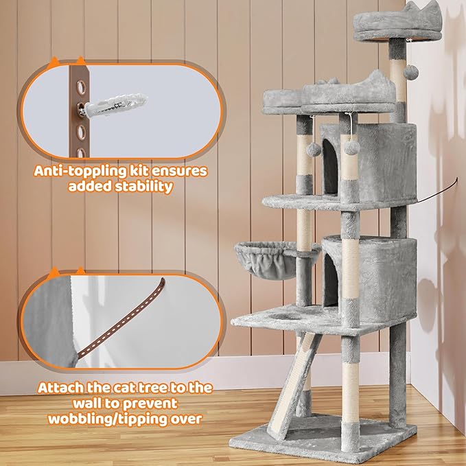 Yaheetech 68.5in Cat Tree for Large Cats, Multi-Level Cat Tower with 3 Wide Perches, Large Condo, Stable Pet Play House w/Sisal-Covered Scratching Posts & Board, Light Gray