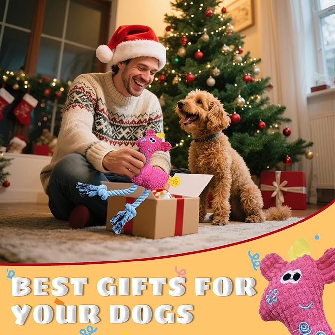 Squeak Plush Dog Toys for Small & Medium Breeds, Chew Rope to Keep Them Busy for Puppy Teething Chewing, Interactive Indoor/Outdoor Play, Best Pet Gift, Pink Deer