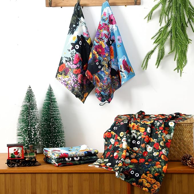 Redbaker 6 Pcs Black Cat Kitchen Towels Retro Wildflower Floral Dish Towel Cute Kitty Absorbent Kitchen Hand Tea Dishcloth with Hanging Loop for Cat Lover Bathroom Home Housewarming Gift