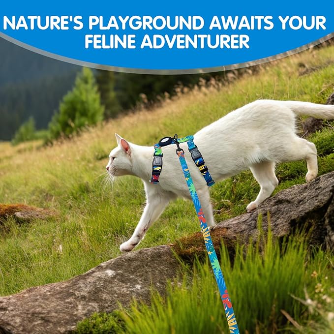 BINGPET Cat Harness and Leash Set Escape Proof for Walking,Adjustable Kitten Harness with Airtag Holder for Small Medium Large Cats (Green Leaves Print,Neck:8"-12",Chest:12.5"-18")