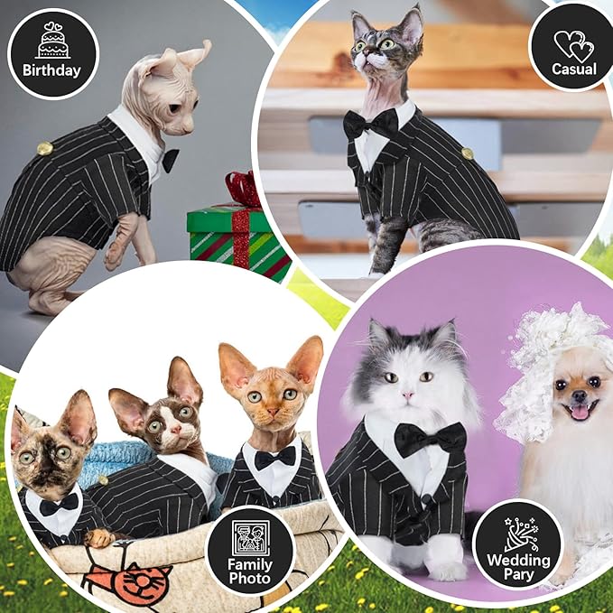QBLEEV Cat Tuxedo Suit, Sphynx Cat Suit for Cat with Bow Tie, Cat Halloween Costumes for Cats Only, Kitten Formal Attire Wedding Birthday Onesie Clothes for Male Female Hairless Cats