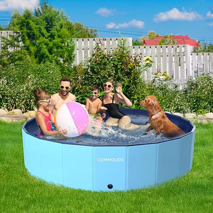 COMMOUDS 97Inch Extra Large Foldable Dog Pool, Collapsible Hard Plastic Dog Kiddie Swimming Pool, Portable Pet Bath Tub Wading Pools for Kids and Puppy Small Medium Large Dogs