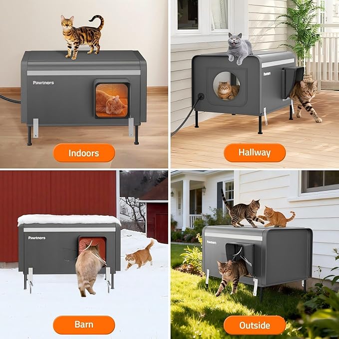 Pawtners Heated Outdoor Cat House for Outside Cats, 26'' XL Insulated Weatherproof Cat Shelter with Heated Pad, Elevated Feet & Escape Door, Warm Kitty House for Feral or Stray Cats in Winter