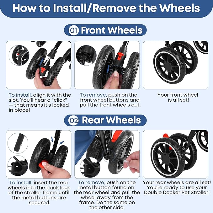 Double Pet Stroller for Dogs and Cats,Cat Strollers for 2 Cats,Double Dog Stroller for 2 Small Medium Dogs,4 Lockable Wheels/Lightweight/Folding,Navy Blue