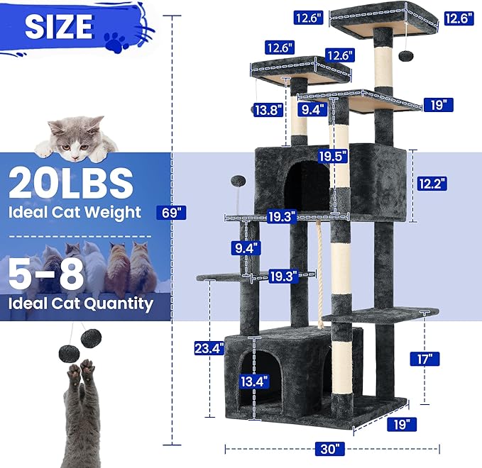 69-Inch Tall Cat Tree with Huge Condos, Multi-Functional Cat Tower with Top Perches, Scratching Posts, Pompoms, for Climbing, Lounging and Playing (Dark Grey)
