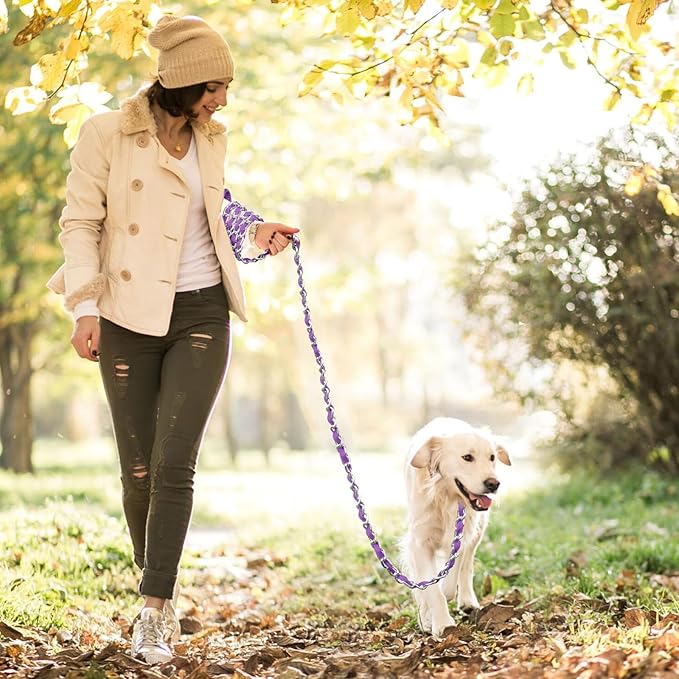 Heavy Duty Metal Dog Chain Leash with Comfortable PU Leather Padded Handle, Chew Proof, for Small Medium Pooch Walking Training (4ft 3.0mm Purple)