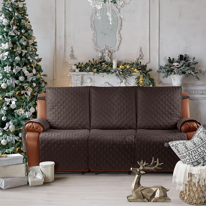 Ruaozz Waterproof Recliner Sofa Cover 1-Piece Couch Covers for Reclining Couches Reclining Sofa Cover Washable Furniture Protector with Elastic Straps Pocket for Kids, Pets (Chocolate, 3 Seater)