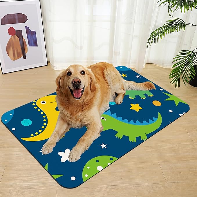 Cartoon Dino Pet Feeding Mat–Quick Dry Absorbent Dog Cat Food Mat, Non Slip Waterproof Bowl Placemat for Messy Eaters, Pet Accessories for Floors 12"x20"