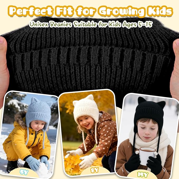 ZOORON Kids Winter Hat for Boys Girls, Cat Beanie Children Knit Skull Cap with Warm Ear Flap, Teen Beanie Hat Age 5-15 Years