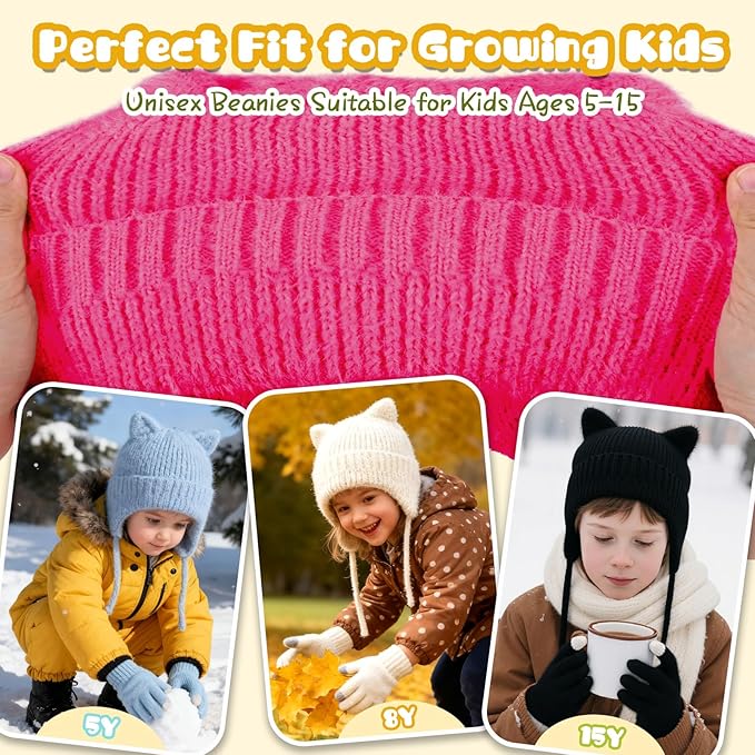 ZOORON Kids Winter Hat for Boys Girls, Cat Beanie Children Knit Skull Cap with Warm Ear Flap, Teen Beanie Hat Age 5-15 Years