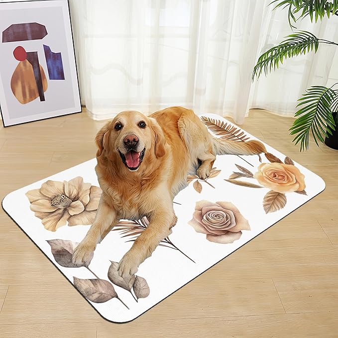 Floral Palm Leaves Dog Cat Food Mat–Absorbent Waterproof Placemat for Food and Water Bowls, Non Slip Rubber Backing, Feeding Mat for Clean Floors 16"x24"