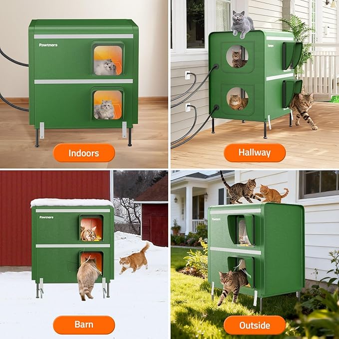 Pawtners Heated Outdoor Cat House for Outside Cats, 26'' XXL 2-Story Insulated Weatherproof Cat Shelter with Heated Pad, Elevated Feet & Escape Door, Warm Kitty House for Feral or Stray Cats in Winter