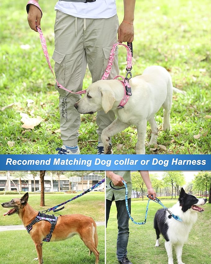 Hotsky Tactical Dog Leash Heavy Duty for Medium Large Dogs That Pull,4-6Ft Strong Bungee Shock Absorbing No Pull Dog Leash with Padded Double Handle and Car Seatbelt,Blue Camo