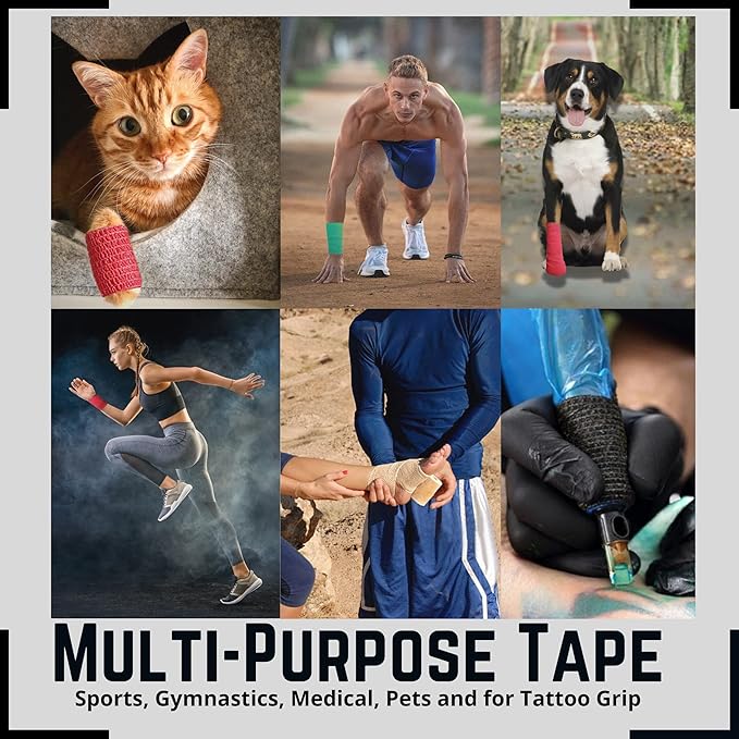 3 Inch - 12 Rolls Self Adhesive Bandage Wrap Vet Wrap for Dogs - Wrap Tape Athletic Cohesive Bandage for Sports Injury, Strain, Knee&Wrist, Ankle Sprains. First Aid Non-Woven Bandages