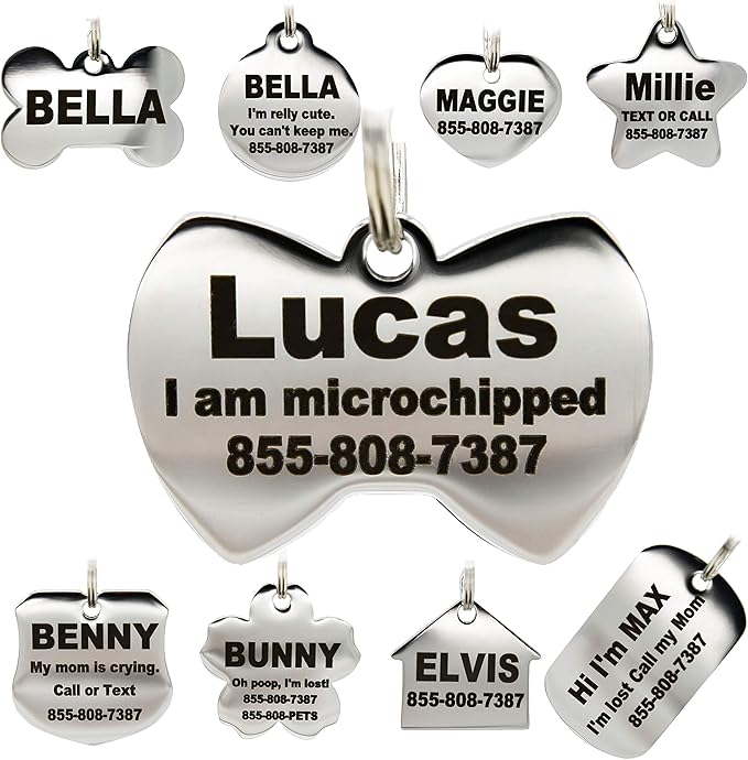 Stainless Steel Pet ID Tags - Engraved Personalized Dog Tags, Cat Tags Front & Back up to 8 Lines of Text – Bone, Round, Heart, Flower, Badge, House, Star, Rectangle, Bow Tie
