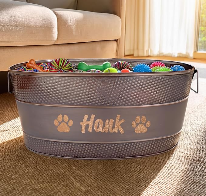 Personalized Metal Dog Toy Bin - Copper Galvanized Storage Bin with Handles, Basket for Pet Toys, Dog Toy Box, Pet Storage - Custom Dog Name Gift (Large)