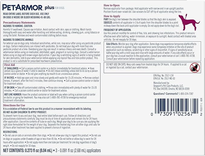 PetArmor Plus Flea and Tick Prevention for Dogs, Large Dog Flea and Tick Treatment, 3 Doses, Waterproof Topical, Fast Acting (45-88 lbs)