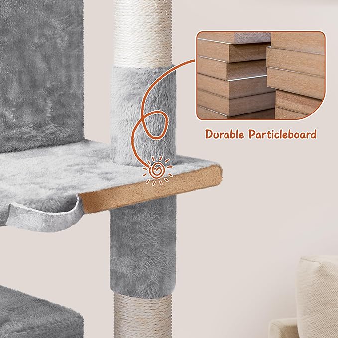 Yaheetech 76in Cat Tree Multi-Level Cat Tower with Large Cat Condo&Cozy Perches Stable Pet Play House w/Sisal-Covered Scratching Posts&Board for Indoor Cats, Light Gray