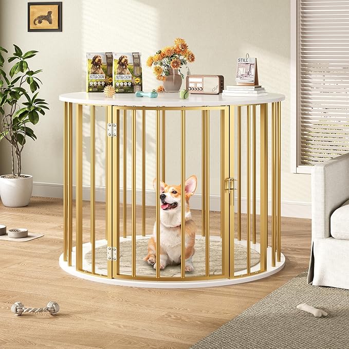 32 Inch Dog Crate Furniture for Large Medium Dogs, Wooden Dog Kennel Indoor Decorative Pet House Side End Table, Round Dog Cage, White and Gold