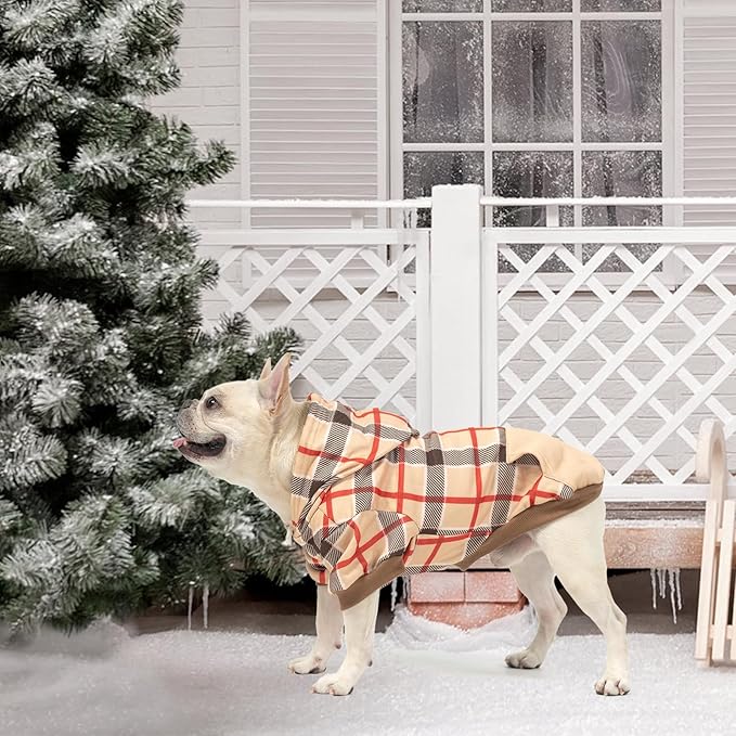 KOOLTAIL Plaid Dog Hoodie for Small Medium Large Dogs - Pet Clothes Sweater with Hat and Pocket for Cold Weather Winter, Warm Soft Dog Hooded Sweatshirt Coat Outfit for Puppy Cats Girls Boys Beige S