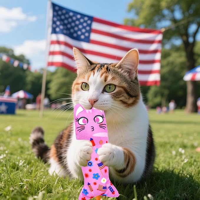4th of July Cat Toys for Indoor Cats Patriotic Large Adult Cat Catnip Plush Toys with Crinkle Independence Day Kitten Chewing Kicker Toy 6 PCS