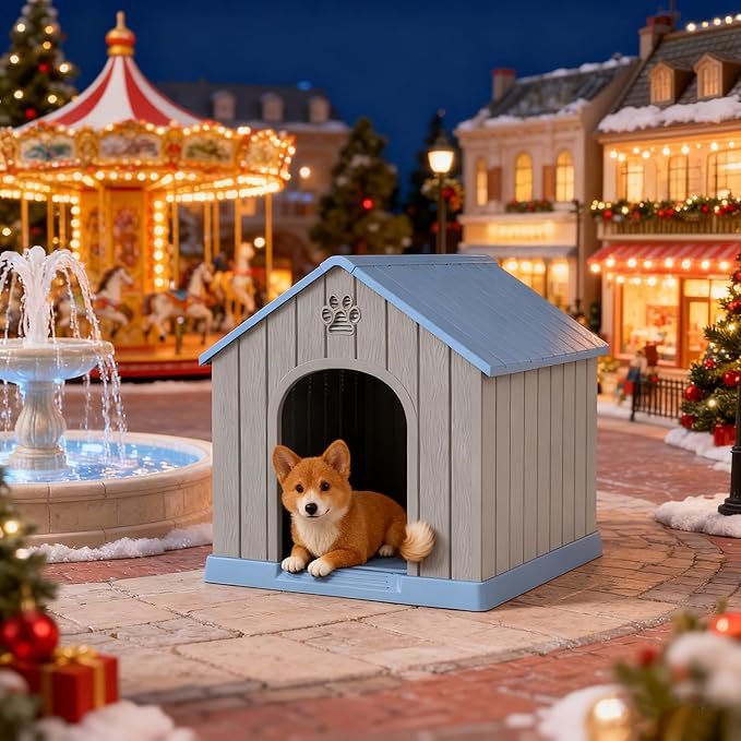 Dog House Outdoor Indoor for Medium Large Dogs, Durable Plastic Waterproof Doghouse with Air Vents and Elevated Floor, Easy Clean and Assemble (Blue, 26.18''L × 24.02''W × 25.98''H)