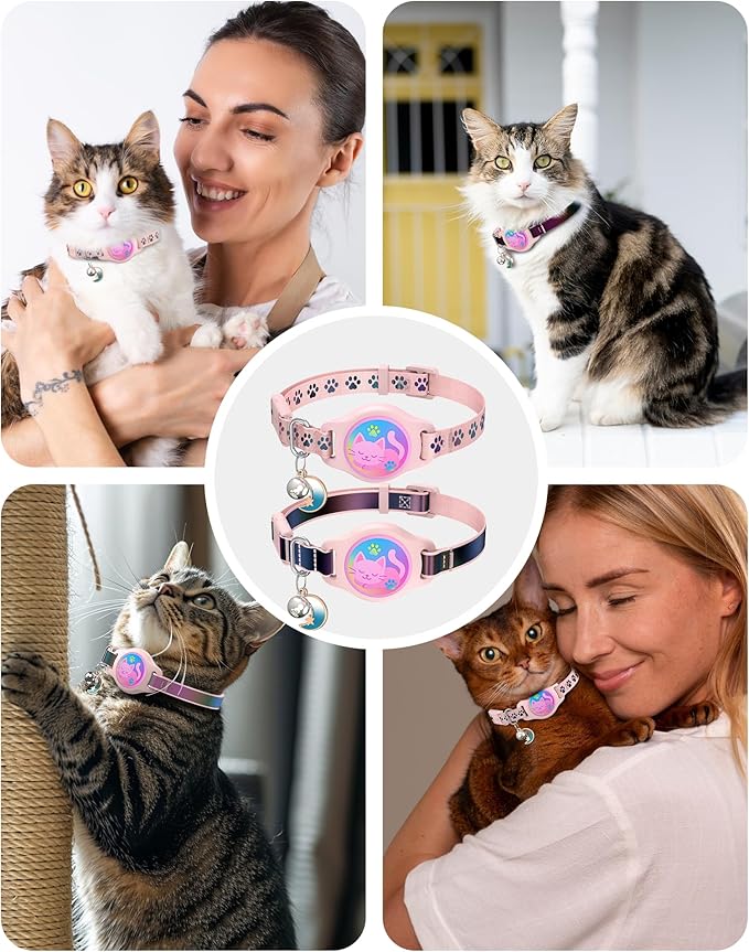 Cat Collar with Airtag Holder, 2 Pack Waterproof Breakaway Kitten Collar for Apple AirTag GPS Tracker, Adjustable Cat Collar with Buckle, Bell & Reflective Pattern for Cats, Kittens, Pink (8-11")
