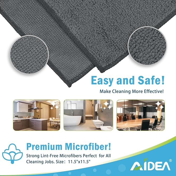 AIDEA Microfiber Cleaning Cloth Grey 50PK, Microfiber Towels for Cars, Premium Car Cloths, Dusting Cloth Lint Free Cleaning Rags for SUVs, House, Kitchen, Window, Workshops,11.5×11.5"