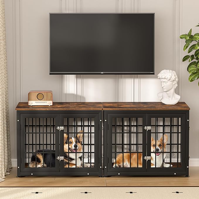 32 Inch Heavy Duty Dog Crate Furniture for Medium and Small Dogs, Decorative Pet House End Table, Wooden Cage Kennel Furniture Indoor, Rustic Brown