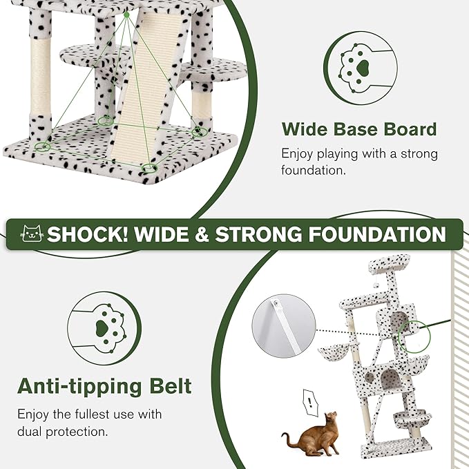 MUTICOR 66 Inches Multi-Level Large Cat Tree Tower for Indoor Big Feline/Cozy Plush Perches/Condo/Sisal Scratching Posts/Hammock and Baskets/Activity Center Play House/Wide Base/White & Black Spot