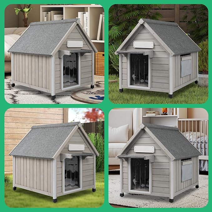 PetsCosset 26" L Outdoor Dog House with Waterproof Asphalt Roof for Small to Medium Dogs,Large Wooden Indoor Dog Kennel with Anti-Chewing Metal,Oxford Cloth Window,Durable Doghouse for 1-2 Dogs