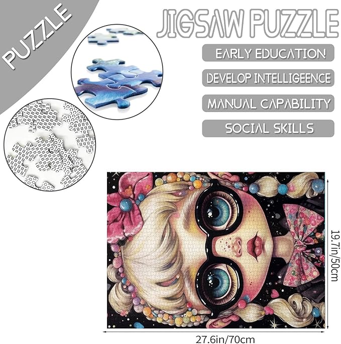 Candy Freckle Girl Jigsaw Puzzle Glasses Doll 1000 Piece Jigsaw Puzzles for Adults Home Decor Family Puzzle Perfect for Game Nights Ideal Gift 20 x 27 Inch