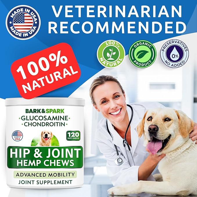 Hemp Hip & Joint Supplement for Dogs - Glucosamine for Dogs - Dog Joint Pain Relief Treats - Chondroitin, MSM - Mobility & Flexibility Support - Advanced Joint Care & Health - Made in USA