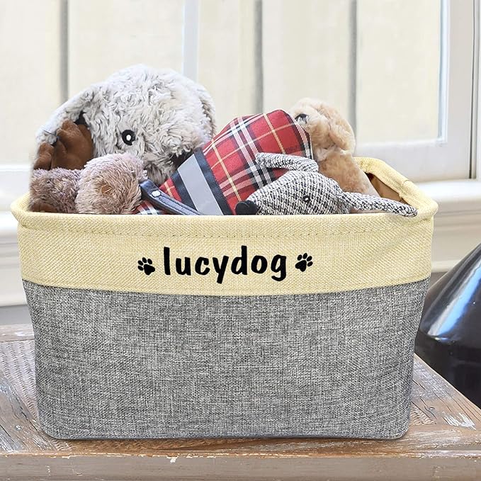 PET ARTIST Collapsible Dog Toy Storage Basket Bin with Personalized Pet's Name - Rectangular Storage Box Chest Organizer for Dog Toys,Dog Coats,Dog Clothing,Dog Apparel and Accessories,Grey