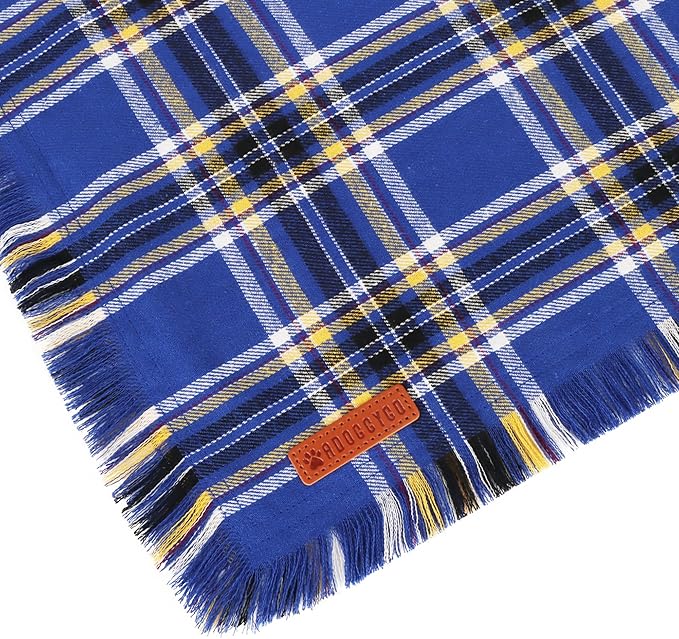 ADOGGYGO Dog Bandanas Boy with Tassels Edges, Stylish Blue Plaid Pet Scarf, Soft Cotton Fabric, Adjustable Reversible Plaid Bandanas for Medium Large Dogs (Large)