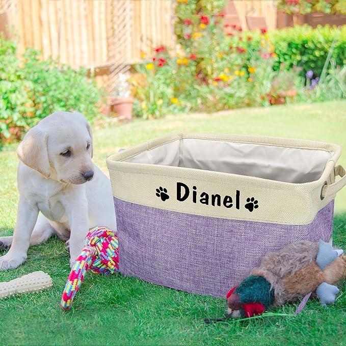 PET ARTIST Collapsible Dog Toy Storage Basket Bin with Personalized Pet's Name - Rectangular Storage Box Chest Organizer for Dog Toys,Dog Coats,Dog Clothing,Dog Apparel & Accessories,Purple
