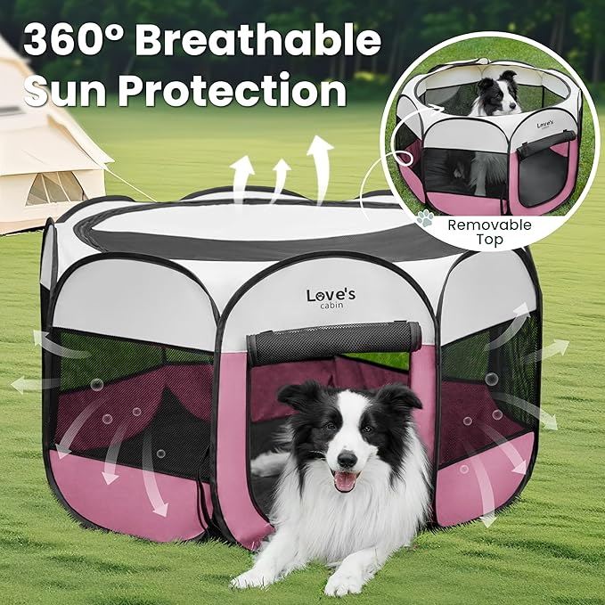 Love's cabin Pet Puppy Dog Playpen, Large Dog Tent Crates Cage Indoor/Outdoor, Portable Playpen for Cat, Foldable Pop Up Dog Kennel Playpen with Carring Case, Removable Zipper Top, Pink