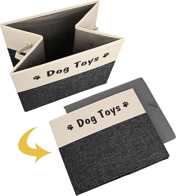 PET ARTIST Large Dog Toy Basket, Foldable Dog Toy Bin Box for Living Roon Area, Collapsible Storage Baskets with Comfortable Handles for Pet Coat,Accessories, Black, 15"x13"x12"