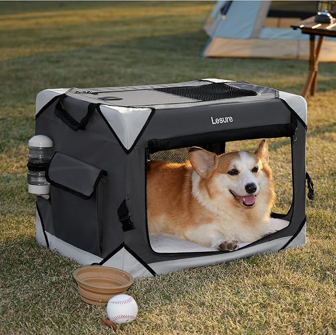 Lesure Collapsible Dog Crate - Portable Travel Kennel for Small Dog, 4-Door Pet Crate with Mesh Windows, Indoor & Outdoor, Charcoal Gray