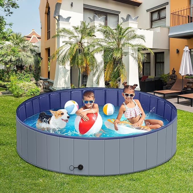 Dog Pool for Large Dogs, Kiddie Pool Hard Plastic, Dog Bathtub Portable, Foldable Pool for Dogs Slip-Resistant (Dark Gray, M - 40'' x 12'')