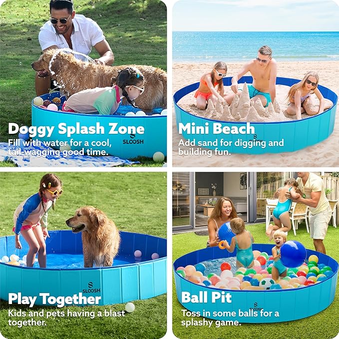 SLOOSH Foldable Dog Kiddie Pool - Portable Hard Plastic Doggie Swimming Pool, Anti-Slip Collapsible Pets Bath Tub Suitable for Kids Toddler Indoor Outdoor Backyard Use (Blue, 71" x 12")
