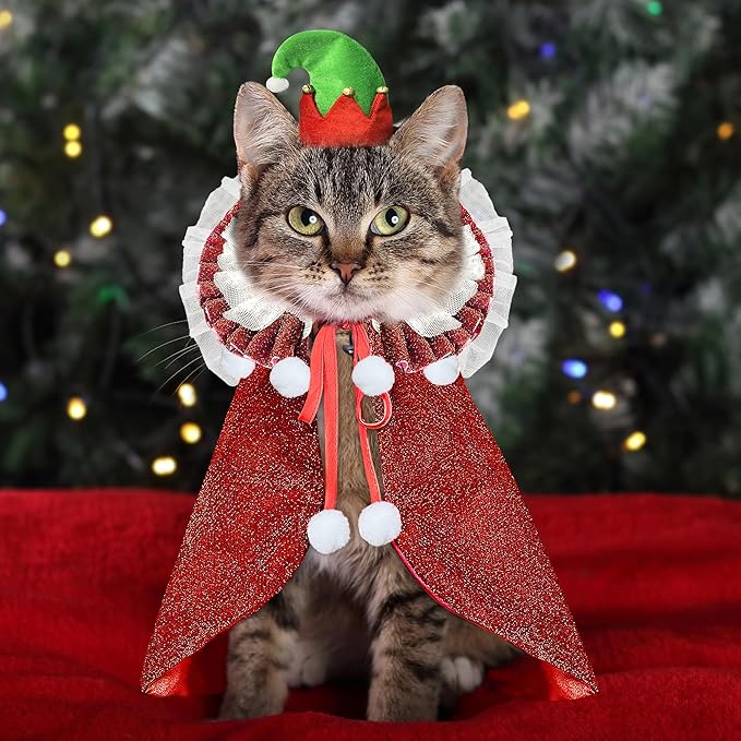 KOUPA Pet Christmas Costume with Hat, Dog Halloween Clothes Cosplay Wizard Cloak for Small Puppy Kitten Animal, Shiny Cat Outfit Suit for Party Holiday, Red