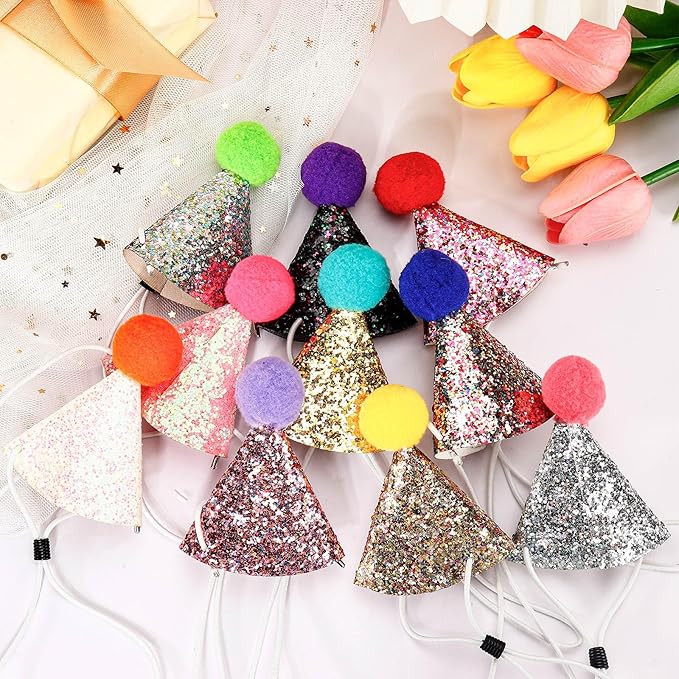 10 Pcs Mini Cat Birthday Party Hats with Pompoms Colorful Sequins, Puppy Holiday Wedding Hats, Cute Pet Costume Hat Accessories for Small Dogs Kittens Rabbits Stuffed Animals (Small, Round pom-pom)