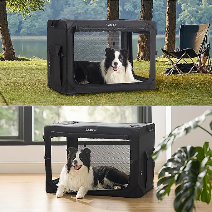 Lesure Collapsible Dog Crate - Portable Travel Kennel for Medium Dog, 4-Door Pet Crate with Mesh Windows, Indoor & Outdoor, Black