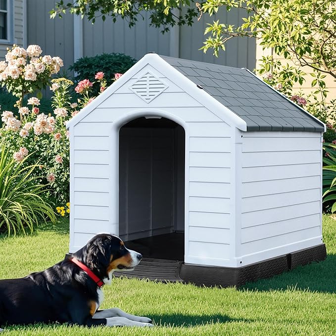 YITAHOME Plastic Dog House, Waterproof Indoor Outdoor Doghouse for Large or Small Dog, with Air Vents and Elevated Floor, Easy Assemble and Clean