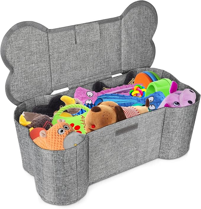 Lukeline Large Dog Toy Basket, Bone Shape Dog Toy Storage Box, Foldable Fabric Storage Bin for Pet toys and Pet Supplies, 26.4 * 12.6 * 9.5 Inches (1 Pack-Grey-Lid)