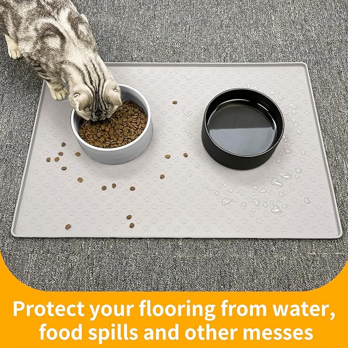 Ptlom Dog Food Mat Anti-Slip Pet Bowl Mats for Food and Water, High-Lips Pet Placemat Prevent Messy Spills to Floor, Waterproof Puppy Feeding Tray for Small, Medium Large Dogs Cats, Silicone